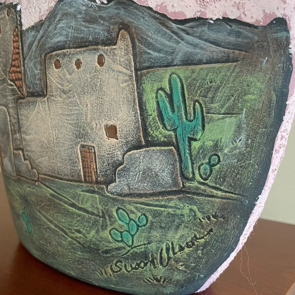 Vintage SUSAN OLSON Art Pottery Southwestern Pueblo Village Vase Lava glaze